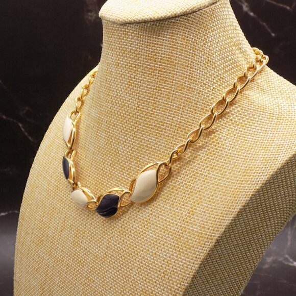 Vintage Choker Collar Necklace Thermoset Navy Blue and Cream Stones Gold-tone - Picture 2 of 8